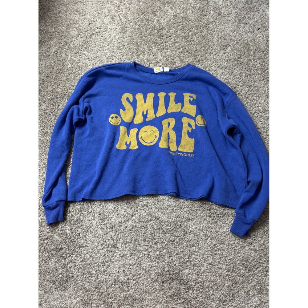 SmileyWorld Smile More Cropped Sweatshirt Blue Yellow Graphic Pullover Medium